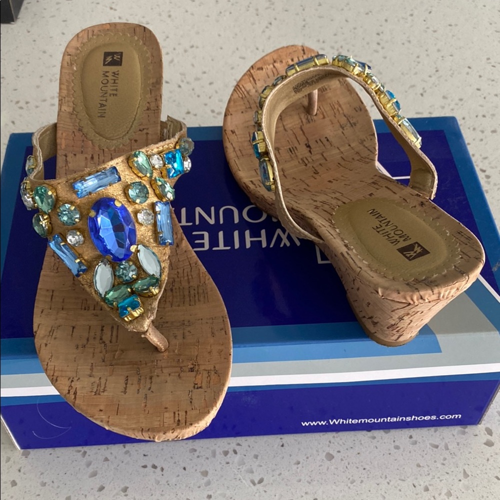 White Mountain Women's Bejeweled Wedge Sandals - Blue and Gold